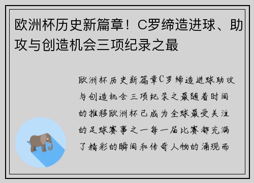 欧洲杯历史新篇章！C罗缔造进球、助攻与创造机会三项纪录之最