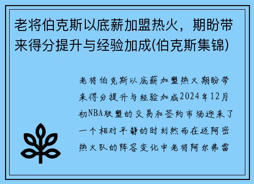 老将伯克斯以底薪加盟热火，期盼带来得分提升与经验加成(伯克斯集锦)