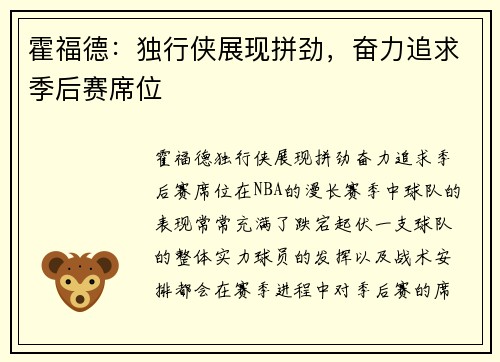 霍福德：独行侠展现拼劲，奋力追求季后赛席位