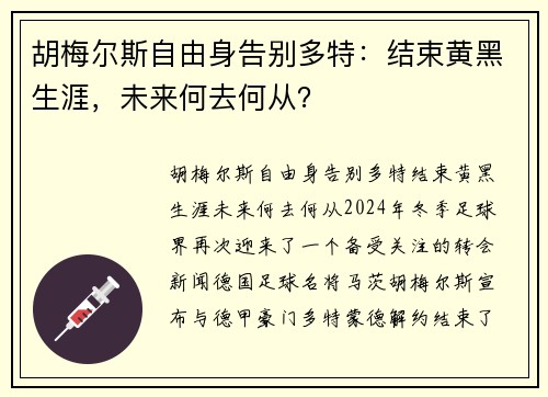 胡梅尔斯自由身告别多特：结束黄黑生涯，未来何去何从？