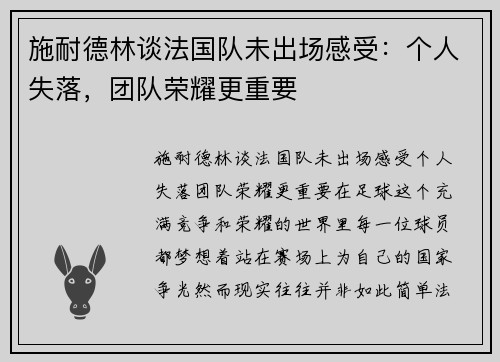 施耐德林谈法国队未出场感受：个人失落，团队荣耀更重要