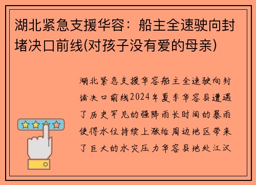 湖北紧急支援华容：船主全速驶向封堵决口前线(对孩子没有爱的母亲)