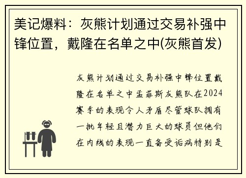 美记爆料：灰熊计划通过交易补强中锋位置，戴隆在名单之中(灰熊首发)